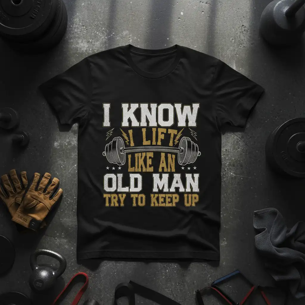 I Know I Lift Like An Old Man Try To Keep Up quote with barbell graphic on black t-shirt