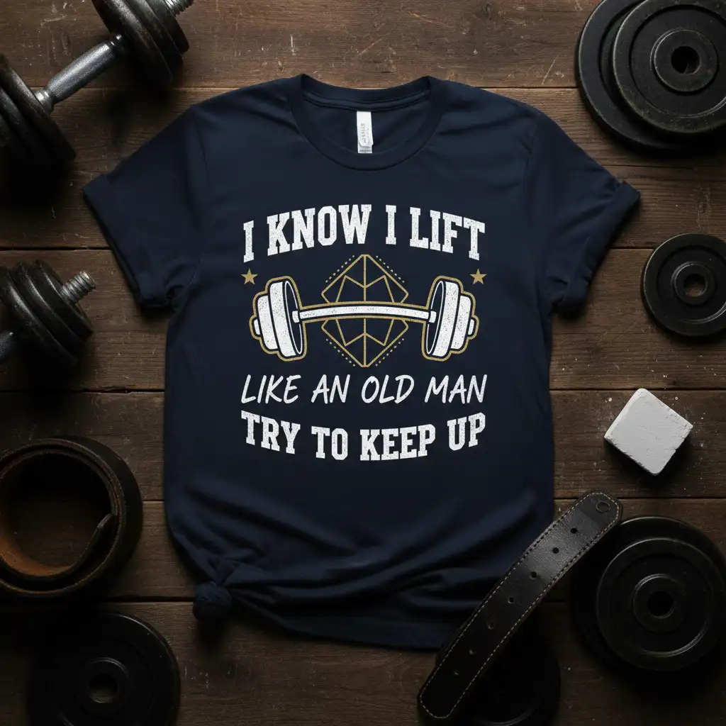 I KNOW I LIFT LIKE AN OLD MAN TRY TO KEEP UP quote with barbell graphic on navy t-shirt