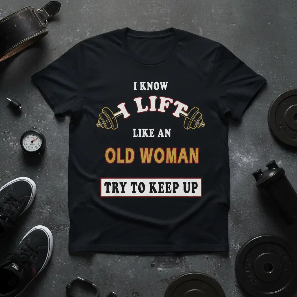 I Know I Lift Like An Old Woman Try To Keep Up humorous gym quote on a black t-shirt with dumbbells