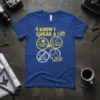 Blue t-shirt with yellow text "I Know I Swear A Lot" and numbered list of sarcastic statements including middle finger