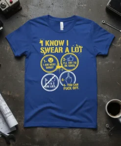 Blue t-shirt with yellow text "I Know I Swear A Lot" and numbered list of sarcastic statements including middle finger