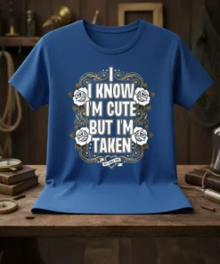 Blue t-shirt with "I Know I'm Cute But I'm Taken" text and white roses graphic, featuring a heart and ribbon