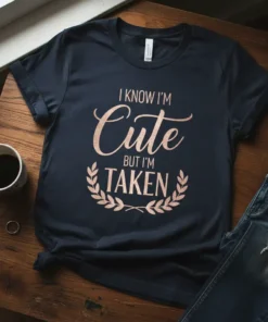 I Know I'm Cute But I'm Taken quote on a dark navy t-shirt with rose gold glitter text and laurel