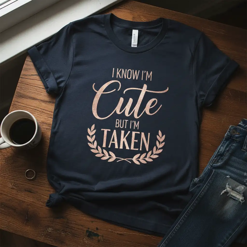 I Know I'm Cute But I'm Taken quote in rose gold glitter typography on a navy t-shirt