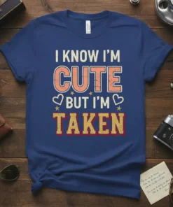 I Know I'm Cute But I'm Taken text design with distressed font and heart graphics on a navy blue t-shirt