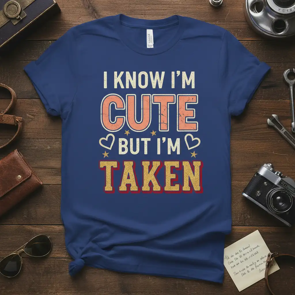 I Know I'm Cute But I'm Taken quote on a navy blue t-shirt, featuring distressed typography and heart graphics