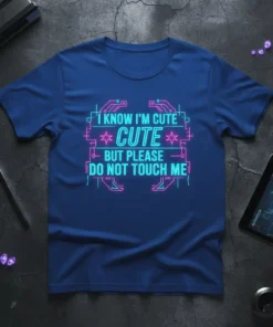 I Know I'm Cute But Please Do Not Touch Me quote in neon pink and blue on a blue t-shirt
