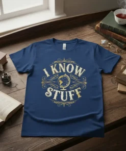 Navy blue t-shirt with "I Know Stuff" text and a vintage globe graphic in gold distressed lettering