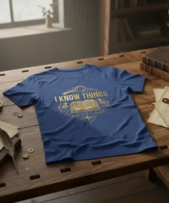 Blue t-shirt with gold text "I Know Things" above an open book graphic, compass, and magnifying glass