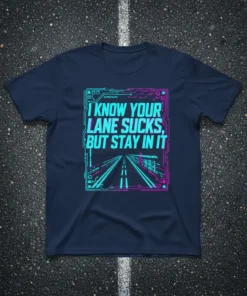 I Know Your Lane Sucks, But Stay In It text design with a futuristic road graphic on a navy blue