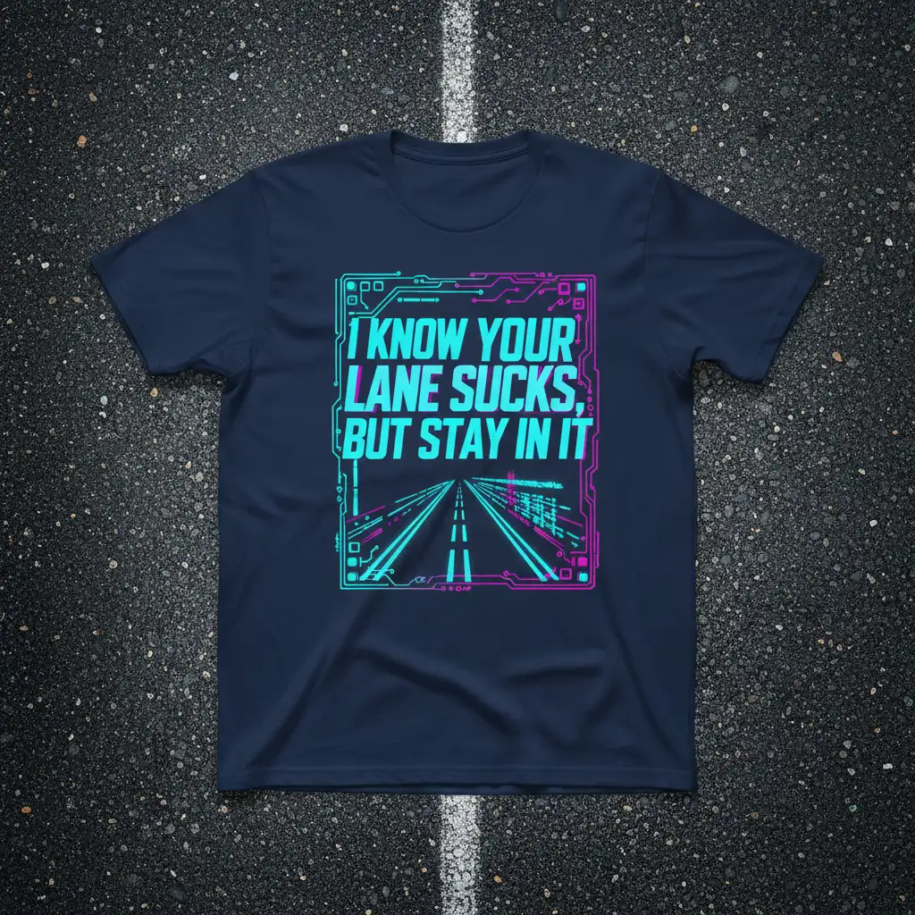 I Know Your Lane Sucks, But Stay In It quote with digital road graphic on a navy t-shirt