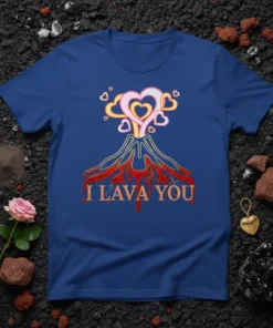 T-shirt with "I Lava You" text and a volcano graphic erupting hearts, perfect for Valentine's Day couples