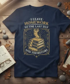 Navy t-shirt with gold text "I Leave Homework To The Last Day And Theirefore" and an owl on books design