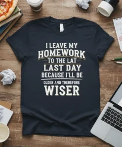 T-shirt with "I Leave My Homework To The Lat Last Day Because I'll Be Older And Therefore Wiser" quote in