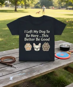 I Left My Dog To Be Here ...This Better Be Good quote on a black t-shirt with paw prints and