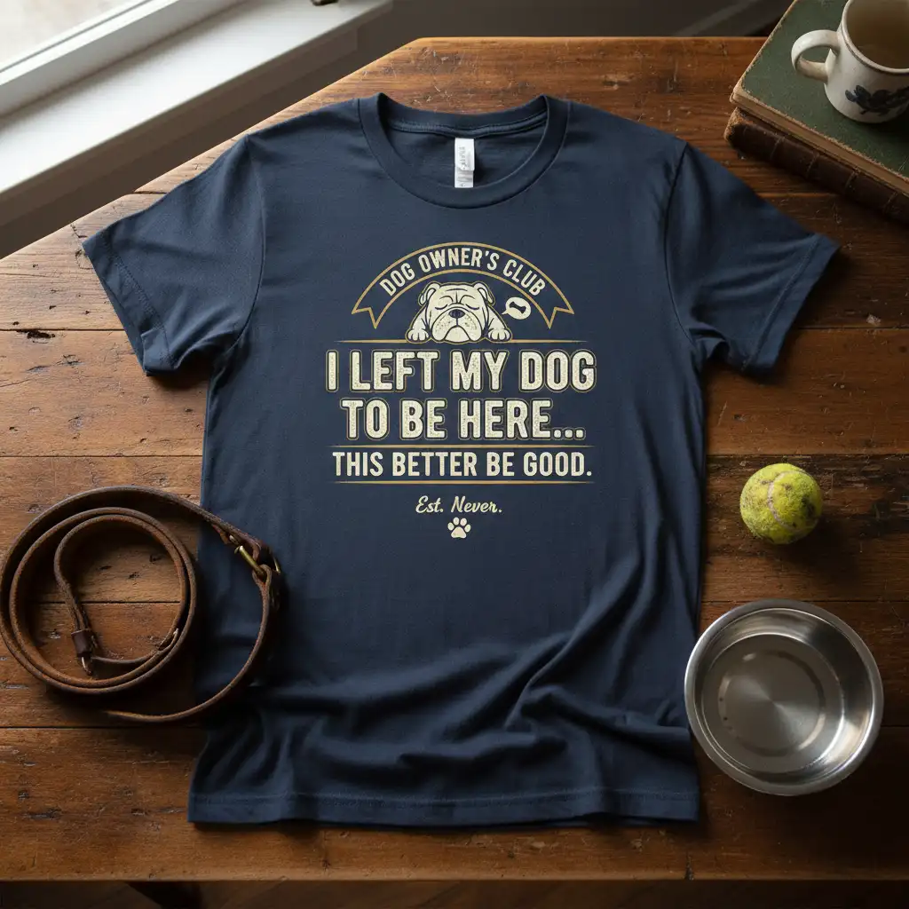I Left My Dog To Be Here This Better Be Good quote with bulldog graphic on navy tee