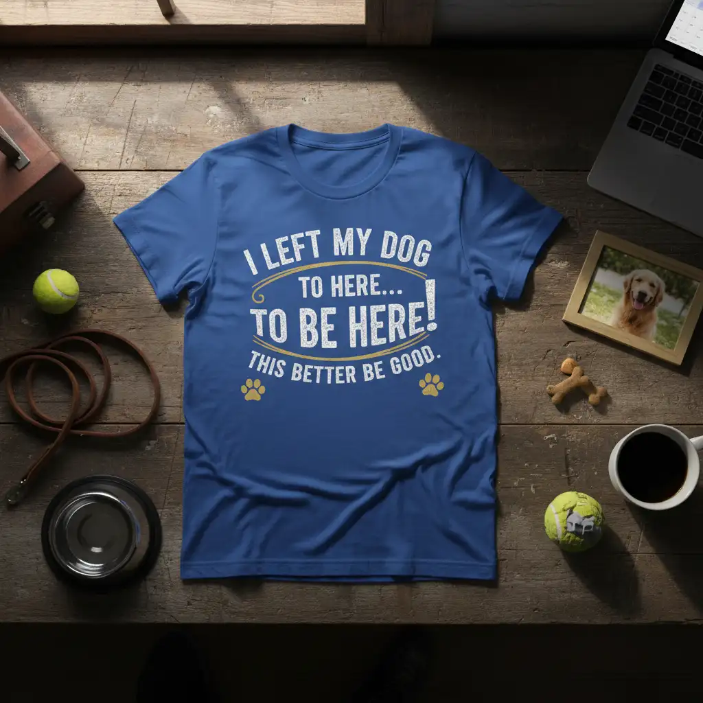I left my dog to here... to be here! This better be good. quote on a blue t-shirt with paw print graphics
