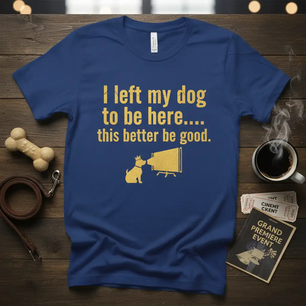 I left my dog to be here.... this better be good. humorous quote with dog and movie screen graphic on t-shirt