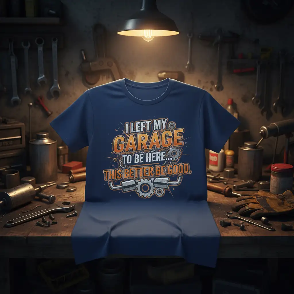 I Left My Garage To Be Here This Better Be Good quote t-shirt with automotive gear graphics