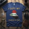I Left My Hearing In Iraq t-shirt with map of Iraq graphic and Arabic text, gold lettering