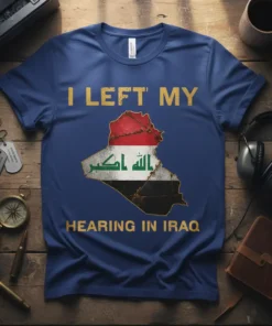 I Left My Hearing In Iraq t-shirt with map of Iraq graphic and Arabic text, gold lettering