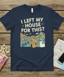 T-shirt with the text "I Left My House For This?" above a cartoon of clowns on bikes and a llama