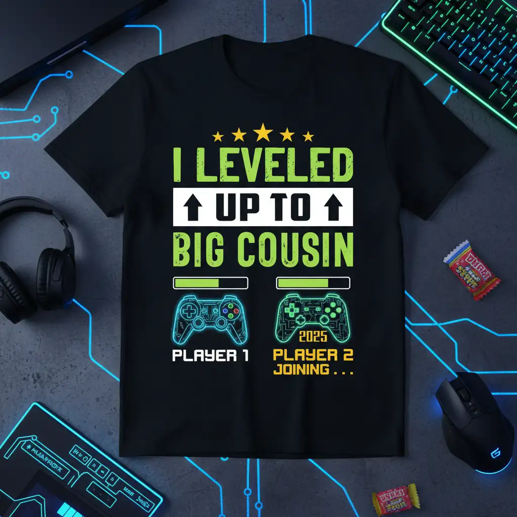 I Leveled Up To Big Cousin announcement t-shirt design with gaming controllers and text elements