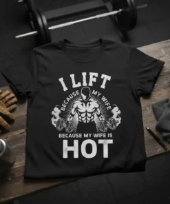 Black t-shirt with white text "I Lift Because My Wife Is Hot" and a graphic of a muscular man lifting