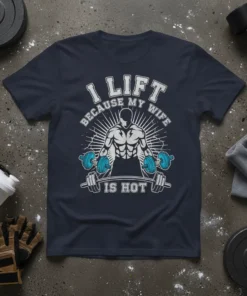 I Lift Because My Wife Is Hot t-shirt with a muscular man lifting weights graphic