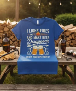Blue t-shirt with "I Light Fires And Make Beer Disappear What's Your Super Power?" text, campfire, and beer mugs graphic