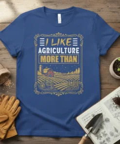 I Like Agriculture More Than text with farm landscape, barn, and tractor graphic on a blue t-shirt