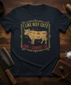 I Like Beef Cuts And I Cannot Lie T-Shirt featuring a diagram of cow cuts and humorous text