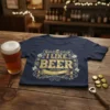 Navy blue t-shirt with "I Like Beer" text in distressed gold font, surrounded by hops and ornate scrollwork
