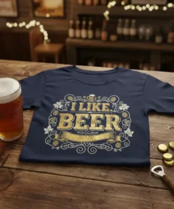 Navy blue t-shirt with "I Like Beer" text in distressed gold font, surrounded by hops and ornate scrollwork