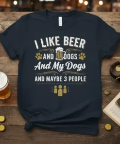 I Like Beer And Dogs And My Dogs And Maybe 3 People quote on a dark t-shirt with beer mug