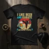 I Like Beer and Karate and Maybe 3 People quote on a black t-shirt with a karate kick graphic and