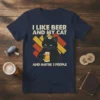 T-shirt with "I Like Beer And My Cat And Maybe 3 People" text, featuring a black cat wearing a crown
