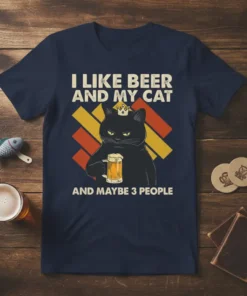 T-shirt with "I Like Beer And My Cat And Maybe 3 People" text, featuring a black cat wearing a crown