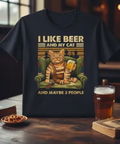 I Like Beer And My Cat And Maybe 3 People quote on a t-shirt with a graphic of a cat