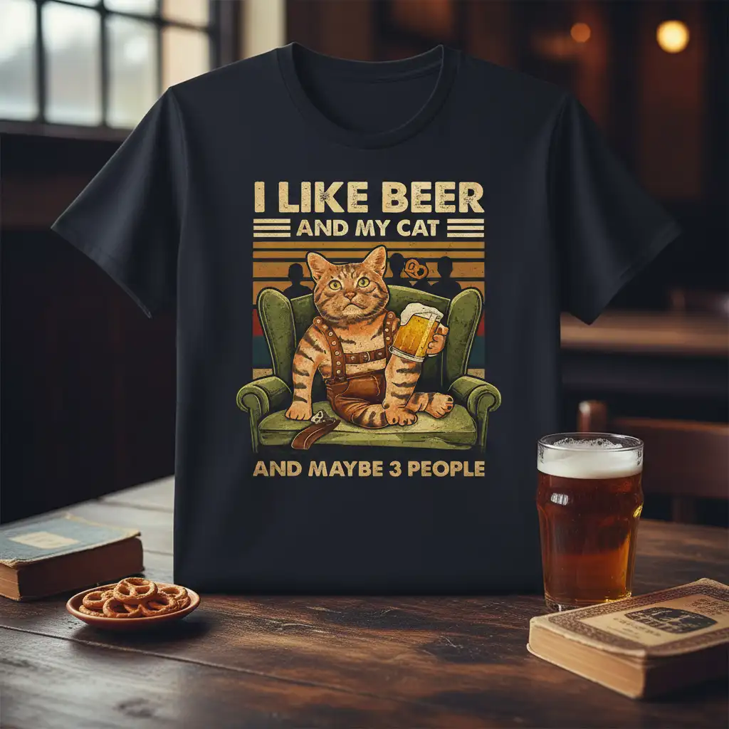 I Like Beer And My Cat And Maybe 3 People quote on black tee with cat holding beer graphic
