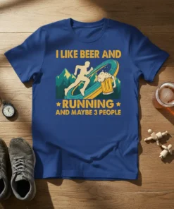 I Like Beer and Running and Maybe 3 People t-shirt design featuring a runner and a beer mug graphic
