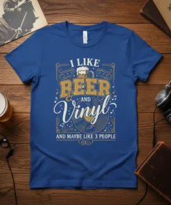 T-shirt design with text "I Like Beer and Vinyl and Maybe Like 3 People" featuring a beer mug and vinyl