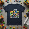 I LIKE BIG BLOCKS AND I CANNOT LIE text design with colorful building blocks graphic on a navy t-shirt