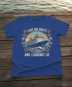 T-shirt design with the text "I LIKE BIG BOATS AND I CANANOT LIE" featuring a cruise ship, anchors, palm trees