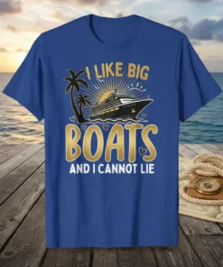 I Like Big Boats And I Cannot Lie text with cruise ship graphic on a blue t-shirt