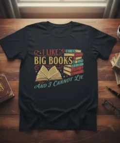 I Like Big Books And I Cannot Lie quote on a black t-shirt with stack of books graphic