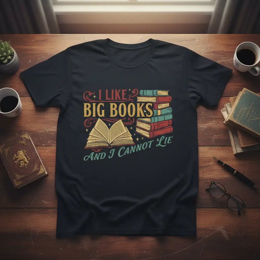 I Like Big Books And I Cannot Lie quote with stacked books graphic on a dark t-shirt design