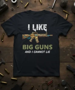 I Like Big Guns And I Cannot Lie T-Shirt featuring a graphic of a tactical rifle and bold text