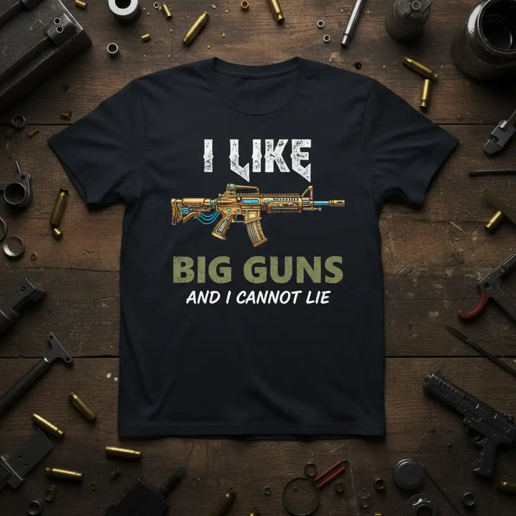 I Like Big Guns And I Cannot Lie quote with tactical rifle graphic on black t-shirt