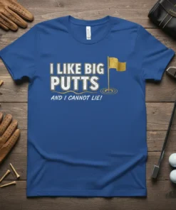 I Like Big Putts And I Cannot Lie golf t-shirt with a golden flag on a putting green graphic
